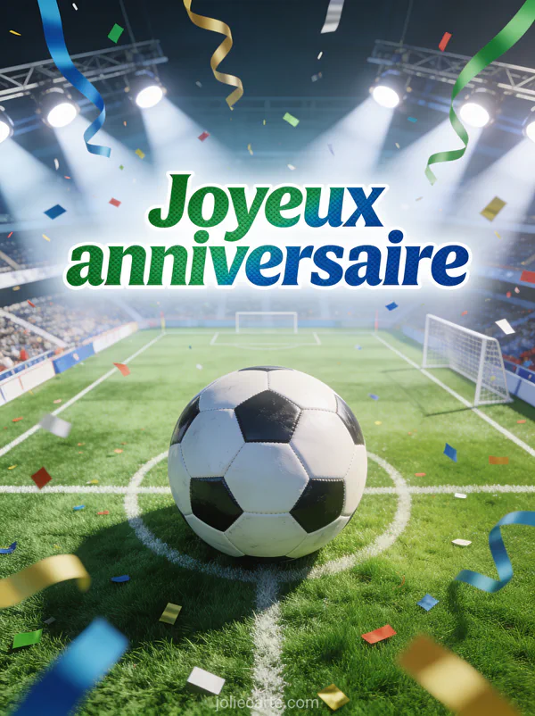 Texte Joyeux anniversaire en lettres vertes et bleues avec terrain de football vu du ciel, ballon de foot sur pelouse, confettis et projecteurs