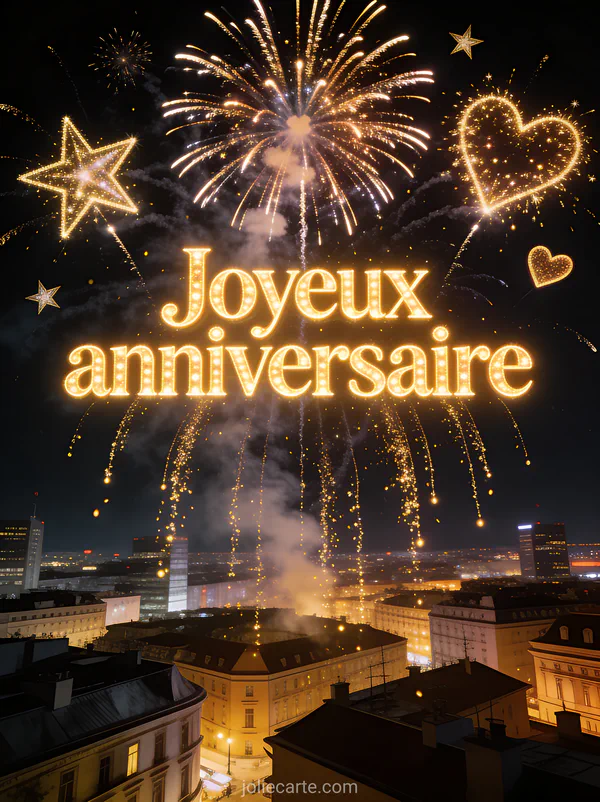 Texte Joyeux anniversaire en lettres lumineuses dorées dans ciel noir avec feux d'artifice en étoiles et coeurs au-dessus d'une ville illuminée