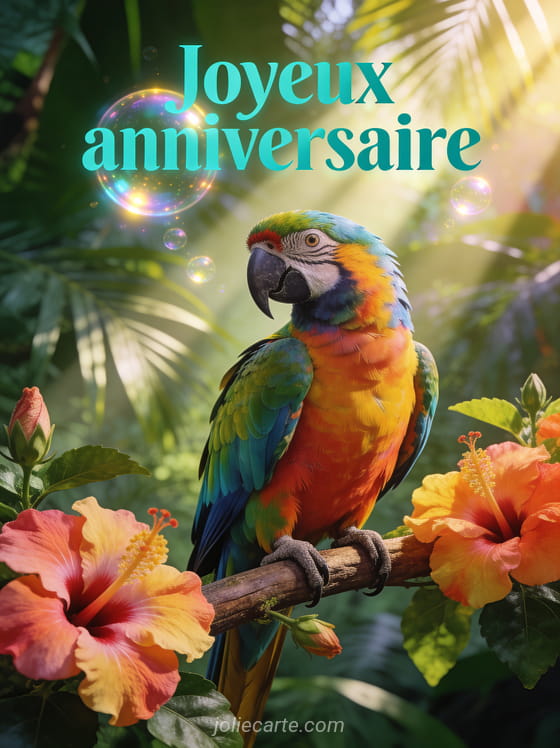 Texte Joyeux anniversaire en lettres turquoise lumineuses avec perroquet ara multicolore sur branche fleurie d'hibiscus dans jungle luxuriante