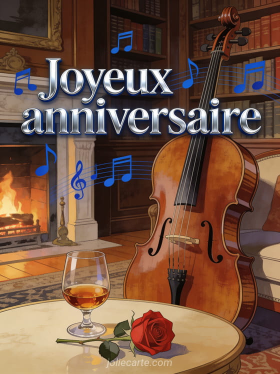 Texte Joyeux anniversaire en lettres argentées avec violoncelle en bois noble, bibliothèques anciennes, verre de cognac et rose rouge, éclairage cheminée