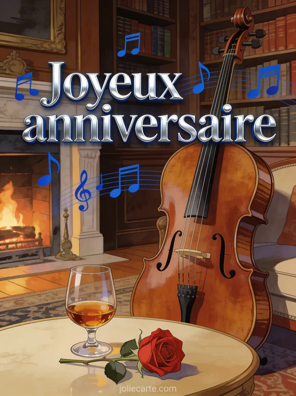 Texte Joyeux anniversaire en lettres argentées avec violoncelle en bois noble, bibliothèques anciennes, verre de cognac et rose rouge, éclairage cheminée