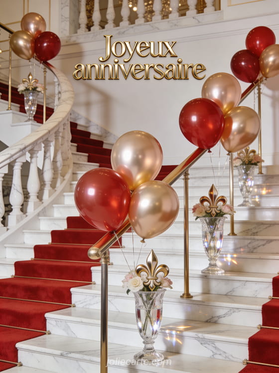 Texte Joyeux anniversaire en lettres dorées art déco avec escalier en marbre blanc, ballons rouges et dorés, tapis rouge et vases de lys en cristal
