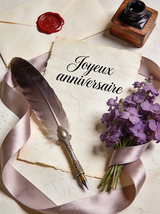 Texte Joyeux anniversaire en lettres calligraphiques noires sur fond crème avec lettre cachetée à la cire rouge, bouquet de violettes et plume d'oie