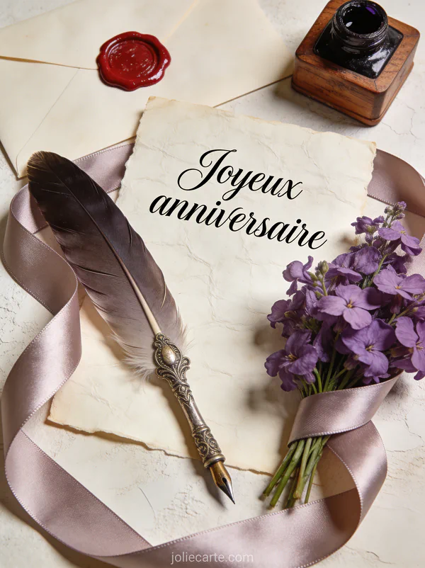 Texte Joyeux anniversaire en lettres calligraphiques noires sur fond crème avec lettre cachetée à la cire rouge, bouquet de violettes et plume d'oie