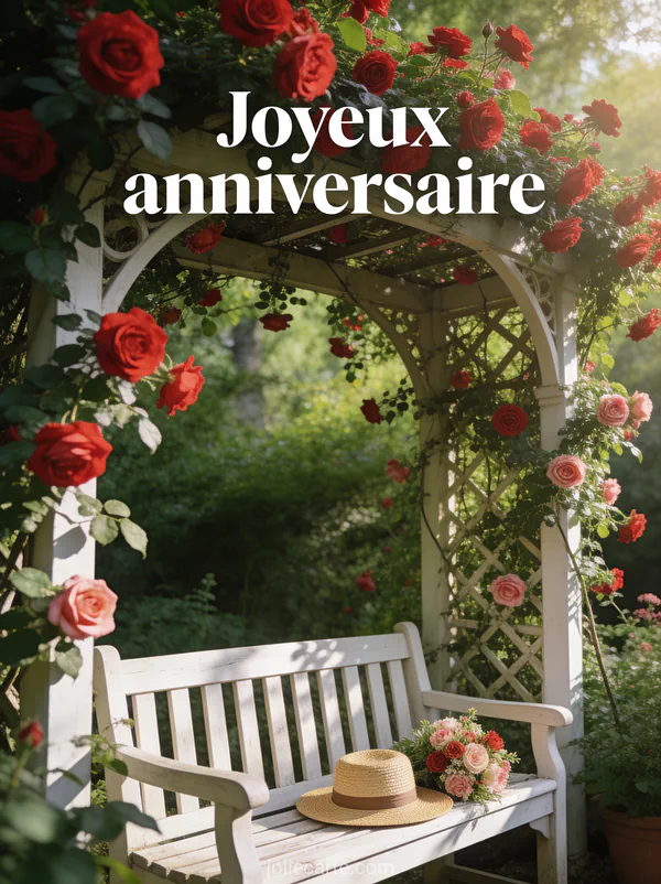 Texte Joyeux anniversaire en lettres blanches sur fond de verdure avec tonnelle de roses grimpantes rouges et roses dans jardin anglais et banc blanc