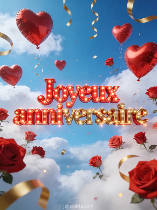 Texte Joyeux anniversaire en lettres lumineuses rouges et dorées avec ballons coeur rouges et roses dans ciel bleu et rubans dorés volants