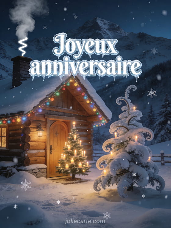 Texte Joyeux anniversaire en lettres blanches givrées avec paysage de montagne enneigée, chalet illuminé de guirlandes et sapin décoré de bougies