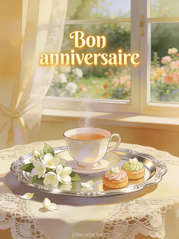 Texte Bon anniversaire en lettres dorées chaleureuses avec tasse de thé en porcelaine, petits gâteaux sur plateau en argent, fleurs de jasmin et jardin fleuri