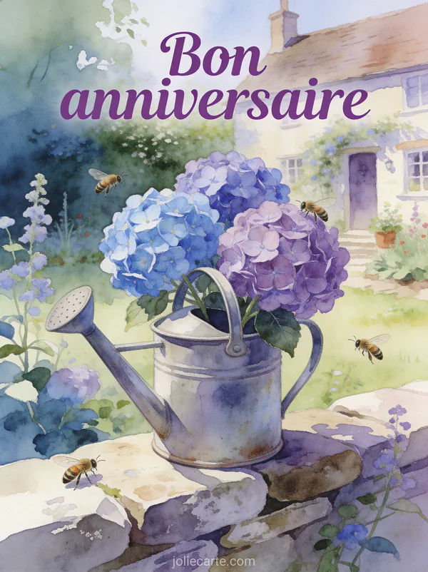 Texte Bon anniversaire en lettres violettes aquarelle avec hortensias bleus et violets dans arrosoir en zinc vintage sur muret en pierre, jardin cottage