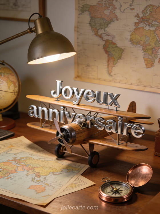 Texte Joyeux anniversaire en lettres argentées modernes avec maquette d'avion vintage, cartes géographiques, boussole en cuivre et globe terrestre