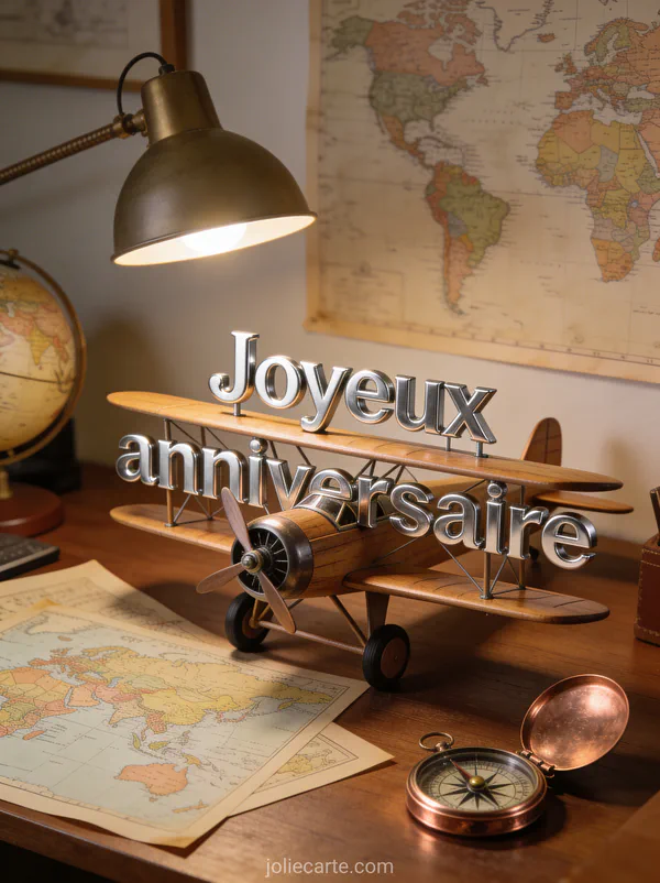 Texte Joyeux anniversaire en lettres argentées modernes avec maquette d'avion vintage, cartes géographiques, boussole en cuivre et globe terrestre
