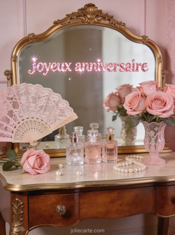 Texte Joyeux anniversaire en lettres roses pailletées avec coiffeuse ancienne, miroir doré, parfums en cristal et roses dans un boudoir