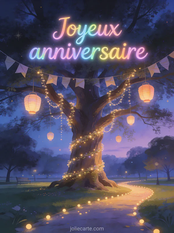 Texte Joyeux anniversaire en lettres arc-en-ciel lumineuses avec grand arbre couvert de guirlandes, lanternes en papier et chemin lumineux au crépuscule