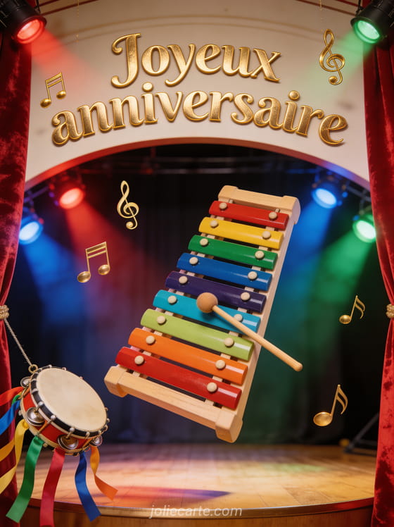 Texte Joyeux anniversaire en lettres dorées avec notes de musique, xylophone coloré et tambourin sur scène à rideaux rouges