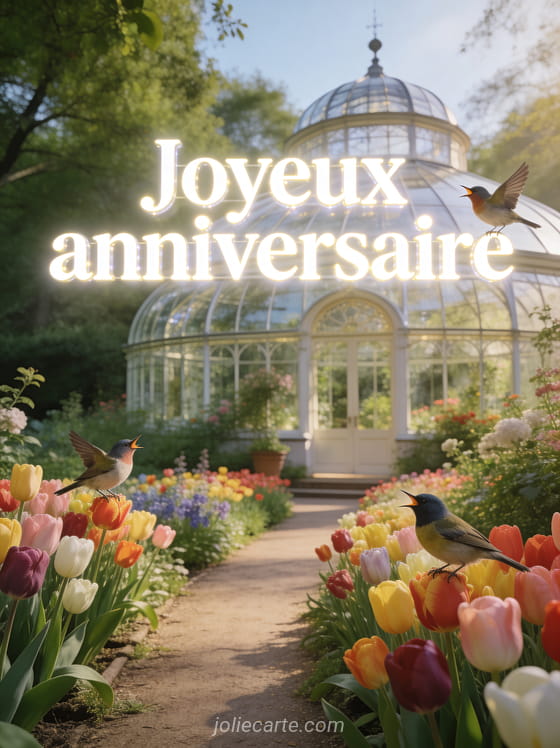 Texte Joyeux anniversaire en lettres blanches lumineuses avec sentier bordé de tulipes multicolores, serre victorienne et oiseaux chanteurs