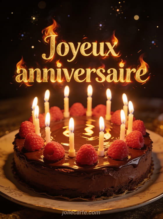 Texte Joyeux anniversaire en lettres dorées chaudes avec bougies allumées sur gâteau au chocolat et framboises, étincelles sur fond sombre