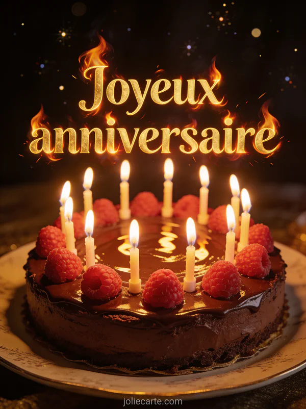 Texte Joyeux anniversaire en lettres dorées chaudes avec bougies allumées sur gâteau au chocolat et framboises, étincelles sur fond sombre
