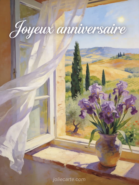 Texte Joyeux anniversaire en lettres blanches manuscrites avec fenêtre ouverte sur paysage toscan, vase d'iris violets et voilages blancs