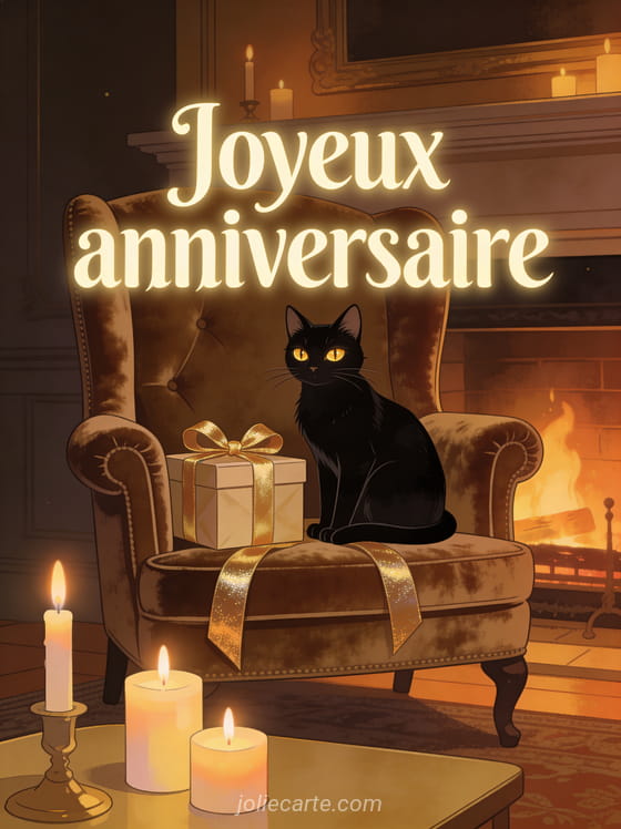Texte Joyeux anniversaire en lettres crème avec chat noir élégant aux yeux dorés sur fauteuil bergère en velours, cadeau et bougies allumées