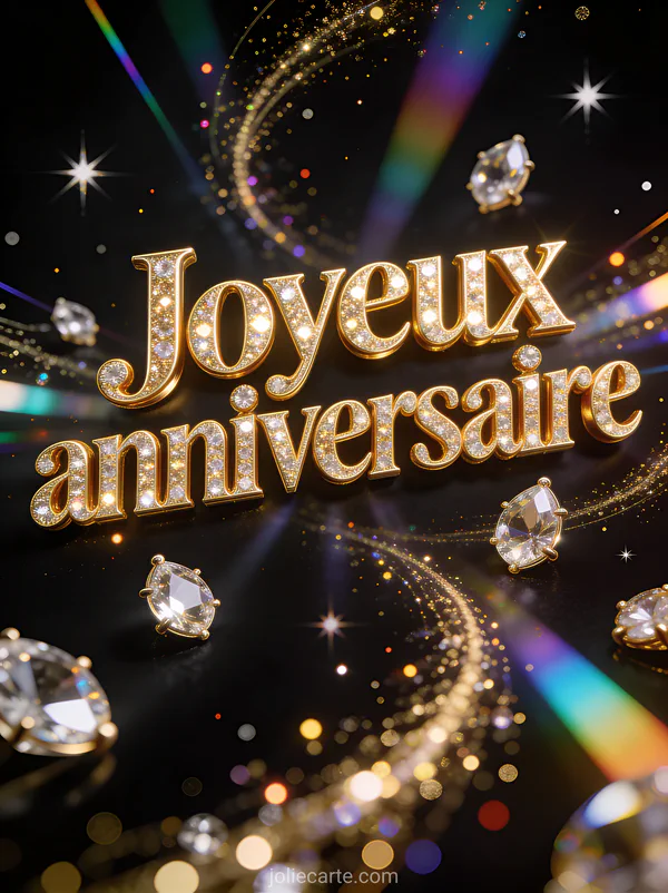 Texte Joyeux anniversaire en lettres dorées scintillantes avec cristaux et diamants sur fond noir, rayons prismatiques et étoiles lumineuses