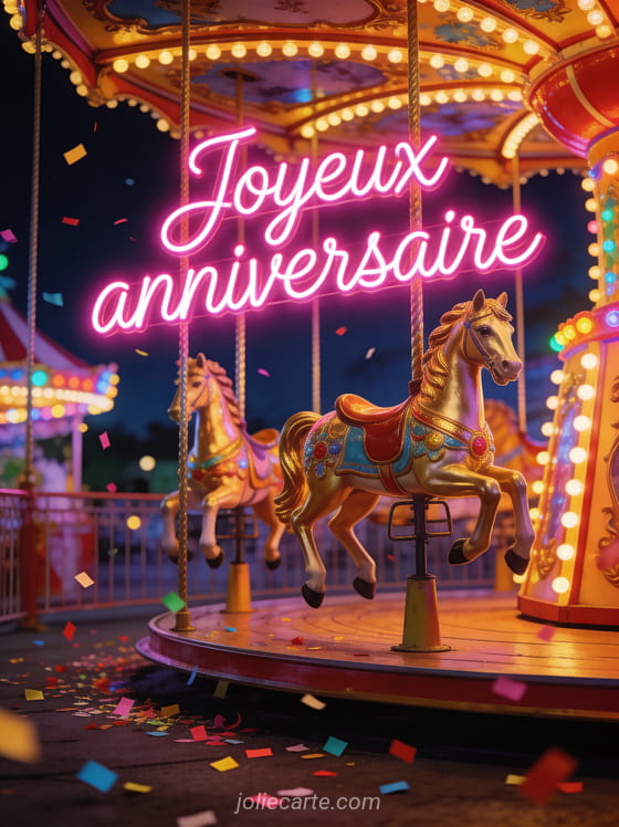 Texte Joyeux anniversaire en lettres rose vif néon avec carrousel vintage illuminé, chevaux dorés, confettis et ambiance fête foraine nocturne