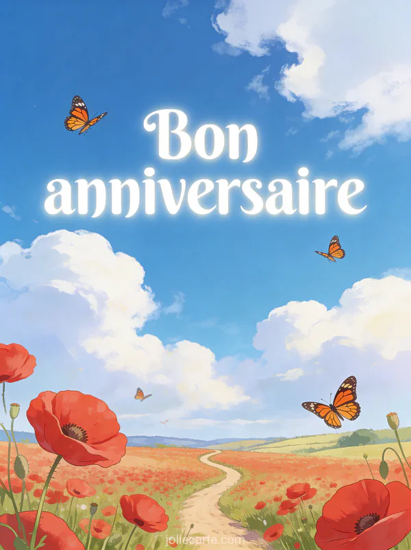 Texte Bon anniversaire en lettres blanches avec champ de coquelicots rouges sous ciel bleu, chemin de terre et papillons monarques