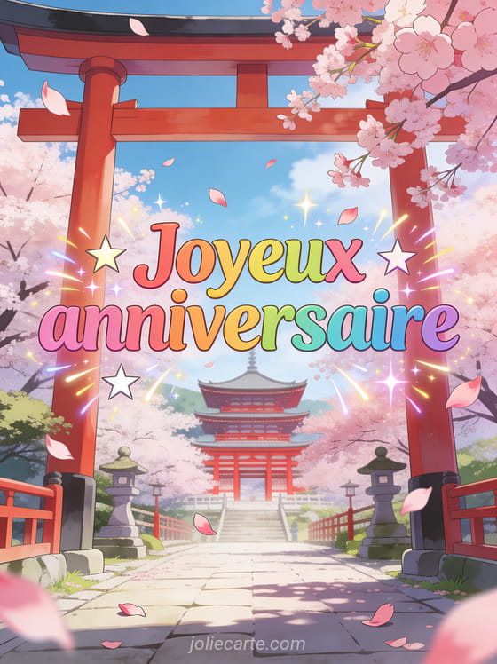 Texte Joyeux anniversaire en lettres colorées style manga avec cerisiers en fleurs au Japon, temple shinto rouge et pétales roses au vent