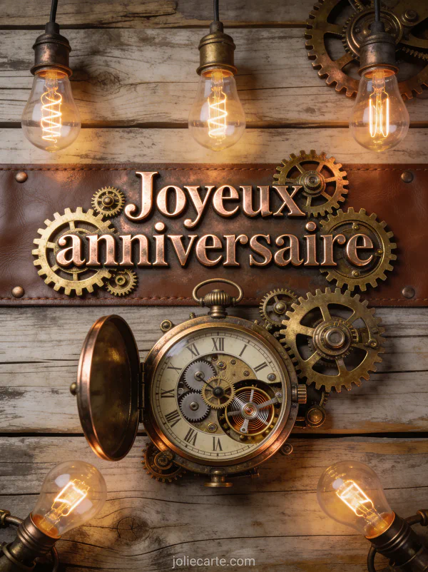 Texte Joyeux anniversaire en lettres cuivrées steampunk avec engrenages dorés, rouages mécaniques, horloge vintage et ampoules Edison