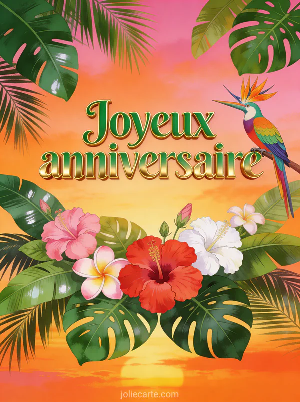 Texte Joyeux anniversaire en lettres vertes et dorées tropicales avec feuilles de palmier, monstera, frangipanier, hibiscus et oiseau de paradis au coucher de soleil