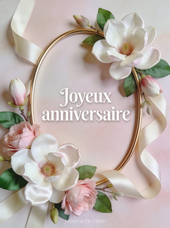 Texte Joyeux anniversaire en lettres blanches élégantes avec cadre ovale doré entouré de magnolias blancs et roses, rubans de satin crème