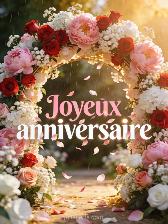 Texte Joyeux anniversaire en lettres roses et blanches avec arche de roses rouges, pivoines roses et gypsophile, pétales qui tombent en pluie dorée