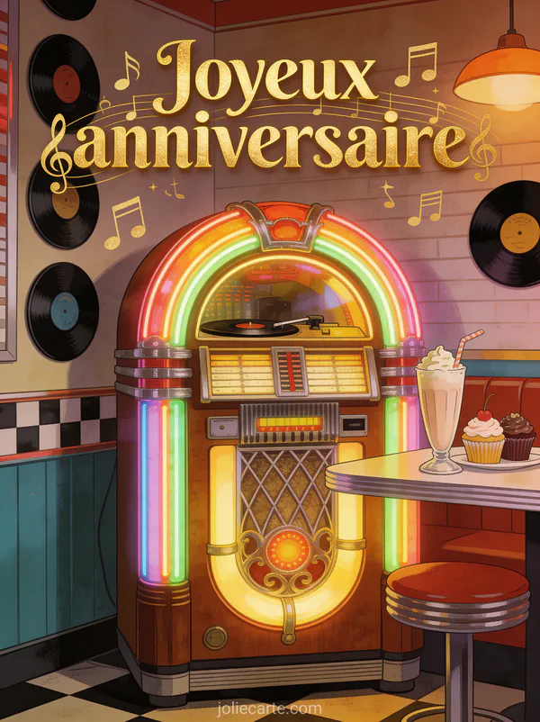 Texte Joyeux anniversaire en lettres dorées avec clés de sol et notes de musique, jukebox rétro illuminé de néons dans un diner américain vintage