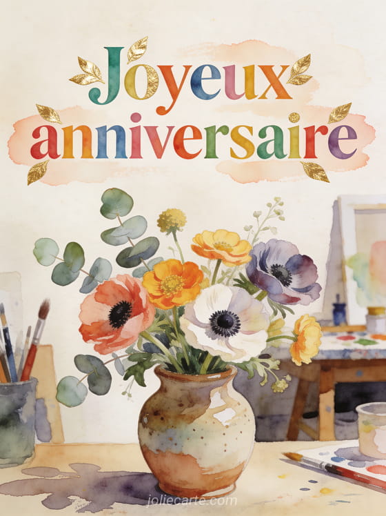 Texte Joyeux anniversaire en lettres aquarelle multicolores dorées avec composition florale d'anémones, renoncules et eucalyptus sur fond aquarelle