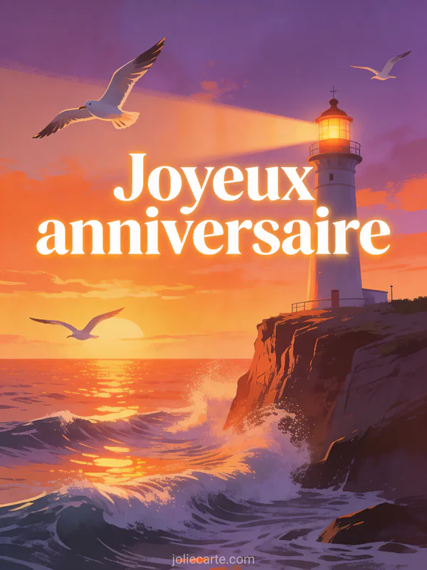 Texte Joyeux anniversaire en lettres blanches lumineuses avec phare maritime illuminé au coucher du soleil sur falaise, vagues et mouettes en vol