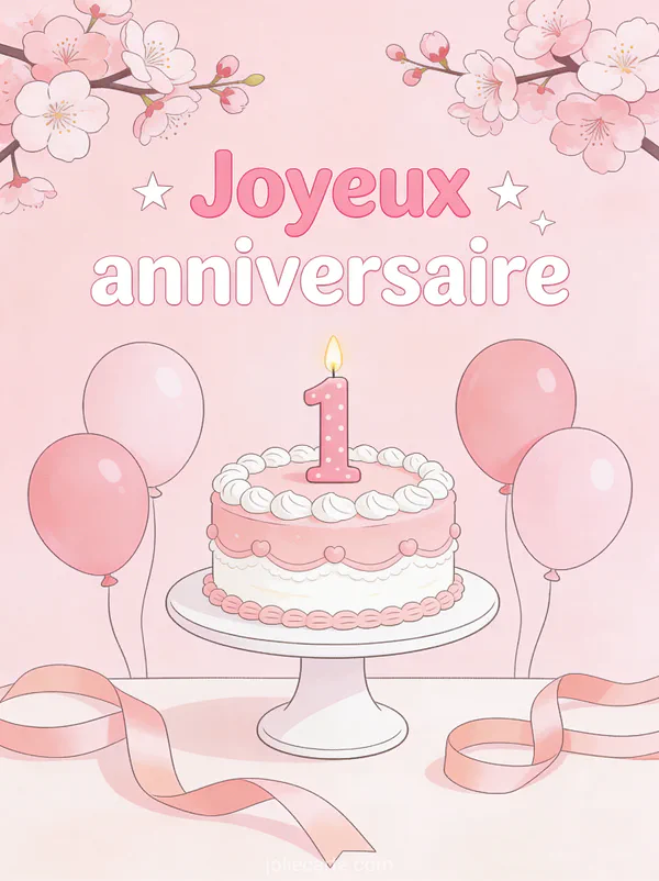 Texte Joyeux anniversaire en lettres roses et blanches étoilées avec gâteau rose et blanc, bougie chiffre 1, ballons roses et fleurs de cerisier