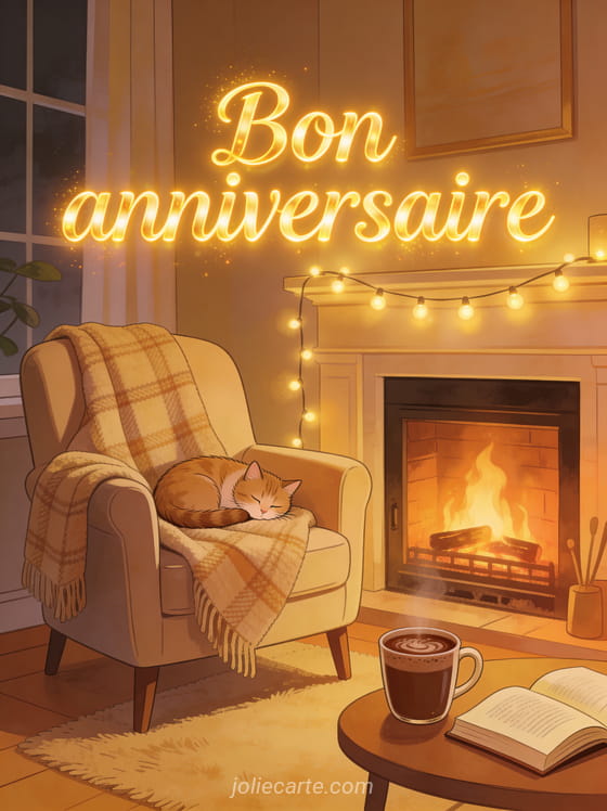 Texte Bon anniversaire en lettres dorées lumineuses avec fauteuil près d'une cheminée, plaid en laine, chocolat chaud, livre ouvert et chat qui dort