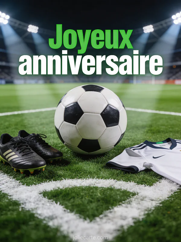 Texte Joyeux anniversaire en lettres vertes et blanches sportives avec ballon de football sur pelouse verte, crampons et maillot, stade illuminé