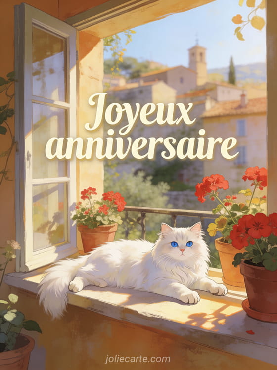 Texte Joyeux anniversaire en lettres crème avec chat persan blanc aux yeux bleus sur rebord de fenêtre ensoleillé, géraniums rouges et village provençal