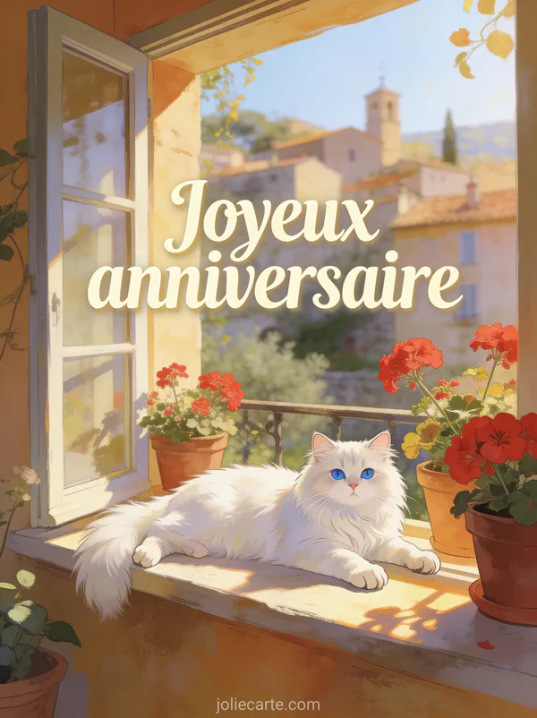 Texte Joyeux anniversaire en lettres crème avec chat persan blanc aux yeux bleus sur rebord de fenêtre ensoleillé, géraniums rouges et village provençal