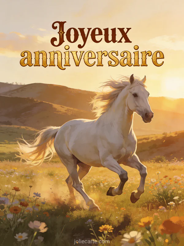 Texte Joyeux anniversaire en lettres brunes et dorées western avec cheval bai galopant dans une prairie fleurie au coucher du soleil, crinière au vent