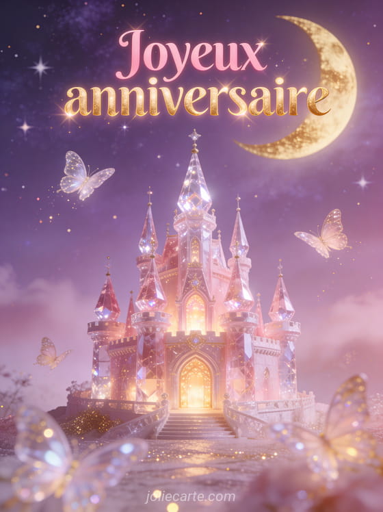 Texte Joyeux anniversaire en lettres roses et dorées magiques avec château de princesse en cristal rose, papillons lumineux et ciel violet étoilé