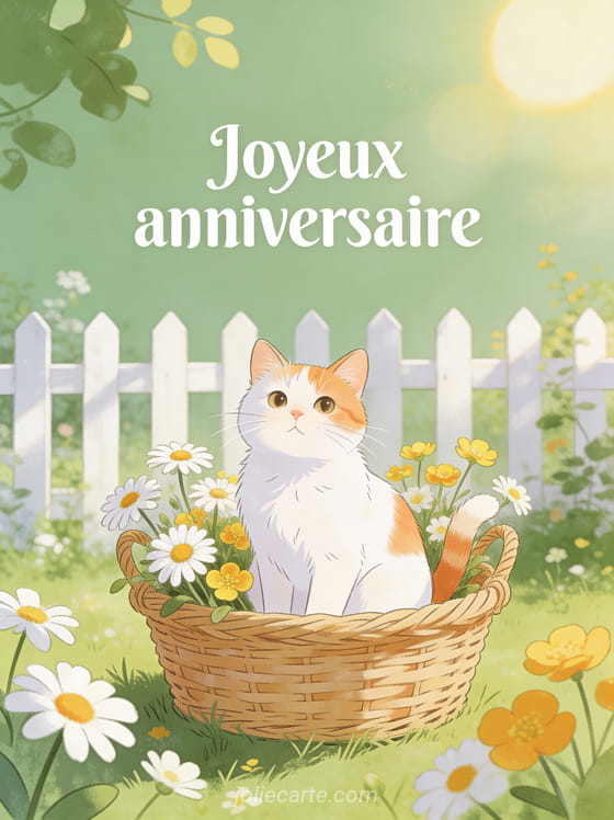 Texte Joyeux anniversaire en lettres blanches sur fond vert sauge avec chat roux et blanc dans panier en osier entouré de marguerites et boutons d'or