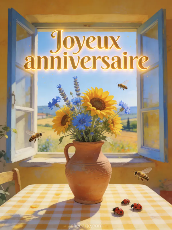 Texte Joyeux anniversaire en lettres dorées avec vase en terre cuite, tournesols et bleuets sur nappe à carreaux, paysage de campagne et abeilles