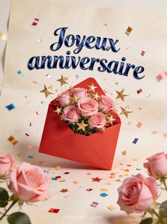 Texte Joyeux anniversaire en lettres bleu roi satinées avec enveloppe rouge ouverte, bouquet de roses, étoiles dorées et confettis sur fond texturé