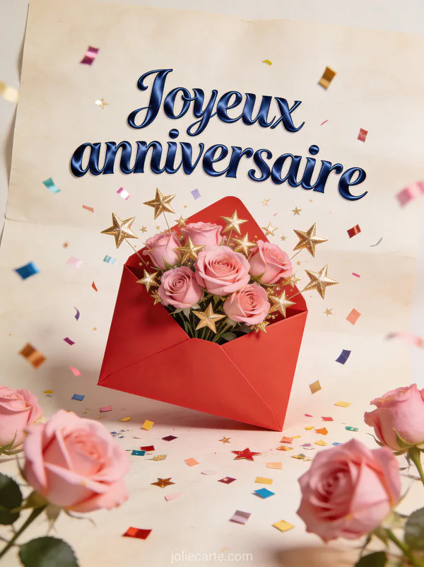 Texte Joyeux anniversaire en lettres bleu roi satinées avec enveloppe rouge ouverte, bouquet de roses, étoiles dorées et confettis sur fond texturé