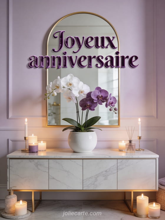 Texte Joyeux anniversaire en lettres violettes velours avec orchidées blanches et violettes en céramique blanche, console en marbre et bougies parfumées