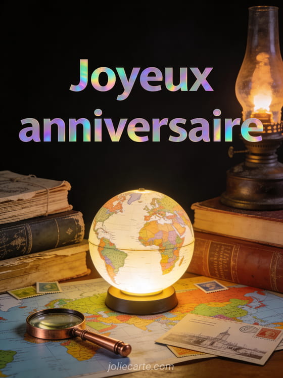 Texte Joyeux anniversaire en lettres holographiques irisées avec globe terrestre lumineux, livres anciens, loupe en cuivre et cartes postales du monde