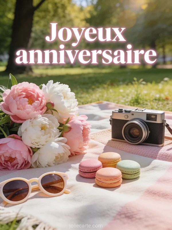 Texte Joyeux anniversaire en lettres blanches vintage avec appareil photo rétro sur couverture de pique-nique, macarons, pivoines et lunettes de soleil
