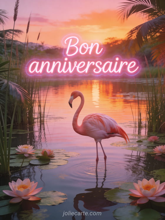 Texte Bon anniversaire en lettres roses lumineuses avec flamant rose dans un étang aux nénuphars, coucher de soleil rose et orangé reflété dans l'eau