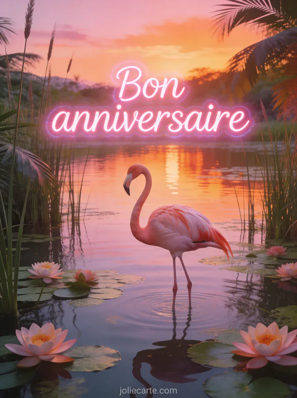 Texte Bon anniversaire en lettres roses lumineuses avec flamant rose dans un étang aux nénuphars, coucher de soleil rose et orangé reflété dans l'eau